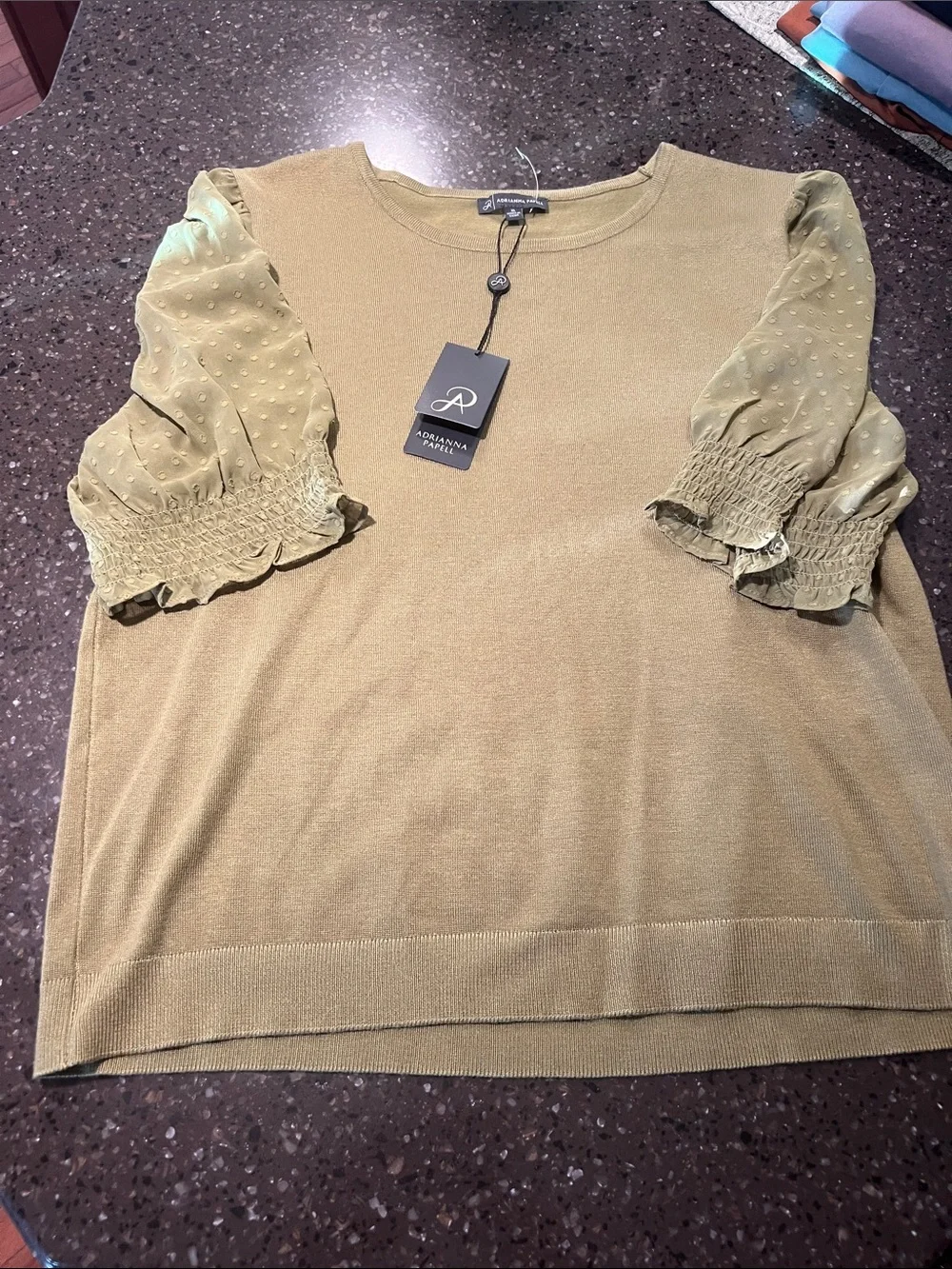 Adrianna Papell Light Olive Puff-Sleeve Knit Top - Picture 1 of 3